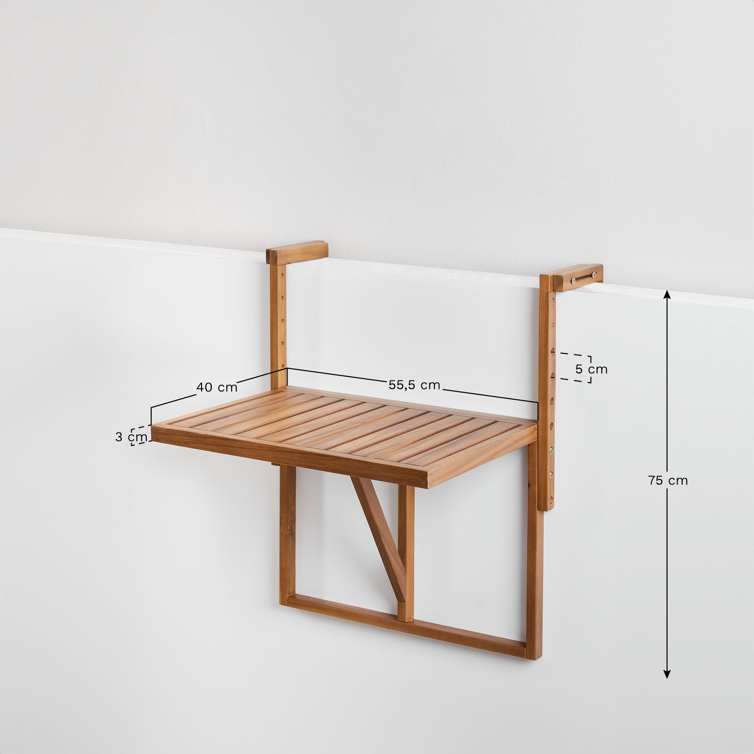 Rectangular hanging and folding garden table 65x60 cm in acacia wood Delawer, MEASURES