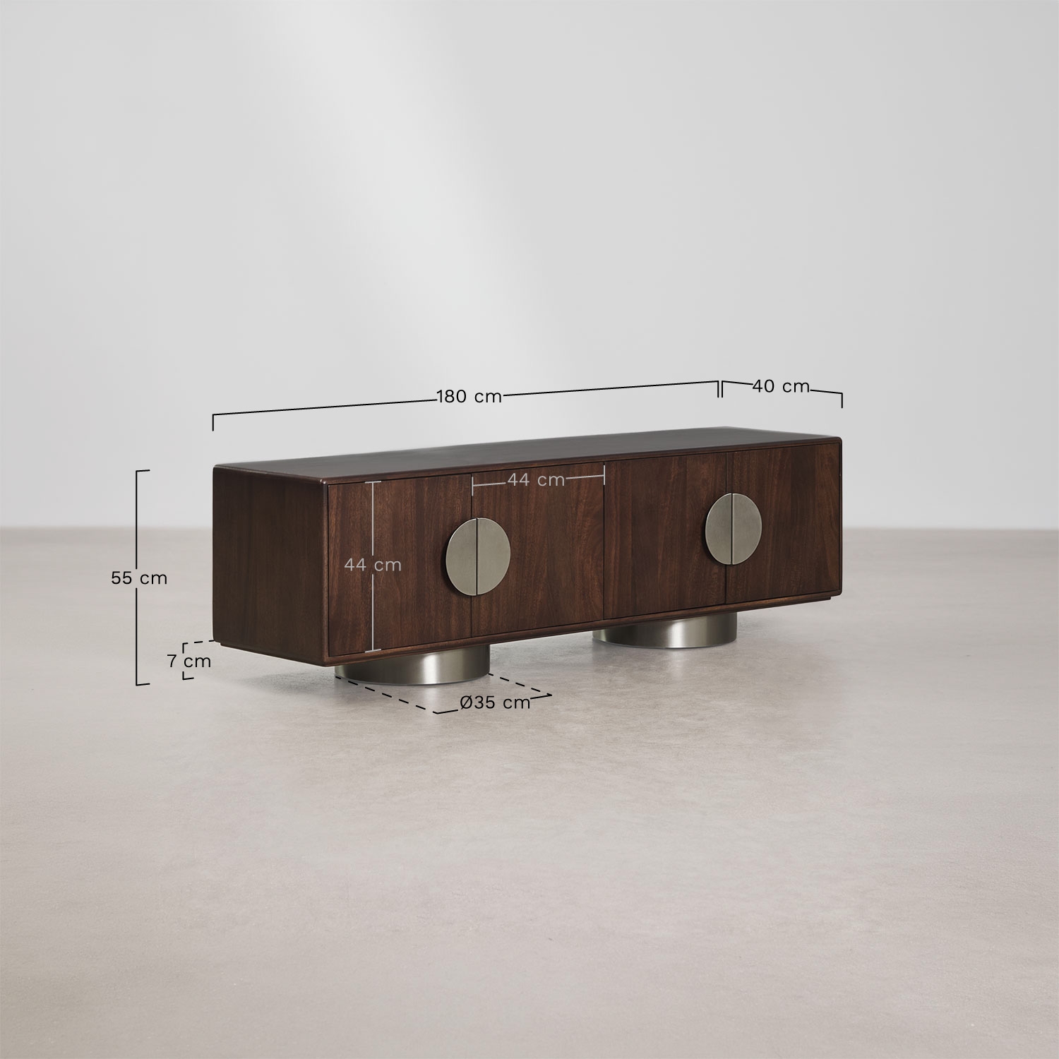 Melisand TV cabinet in mango wood and stainless steel, MEASURES