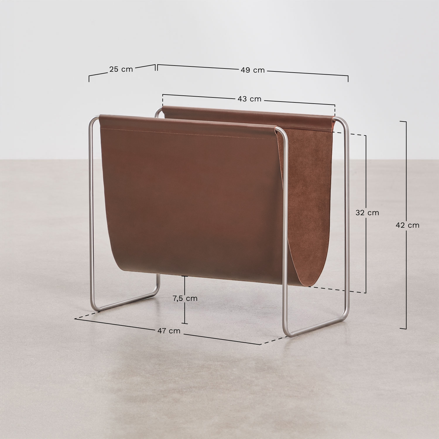 Dravena floor magazine rack in leather and stainless steel, MEASURES