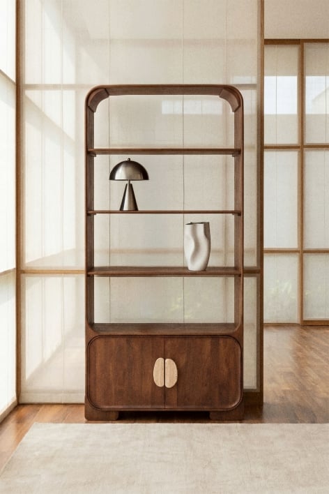 190 cm shelf in mango wood and natural stone Kivalina - Travertine - Dark mango wood