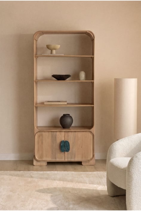190 cm shelf in mango wood and natural stone Kivalina - Udaipur green marble - Mango wood