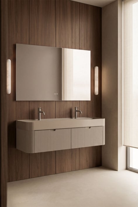Suspended 130x45 cm wooden bathroom furniture set with integrated Saioa sink - Light Sand Brown