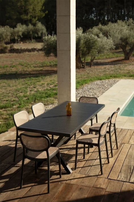 Karena extendable rectangular table set 180-240x90 cm in aluminum and 6 stackable Omara garden chairs in polypropylene