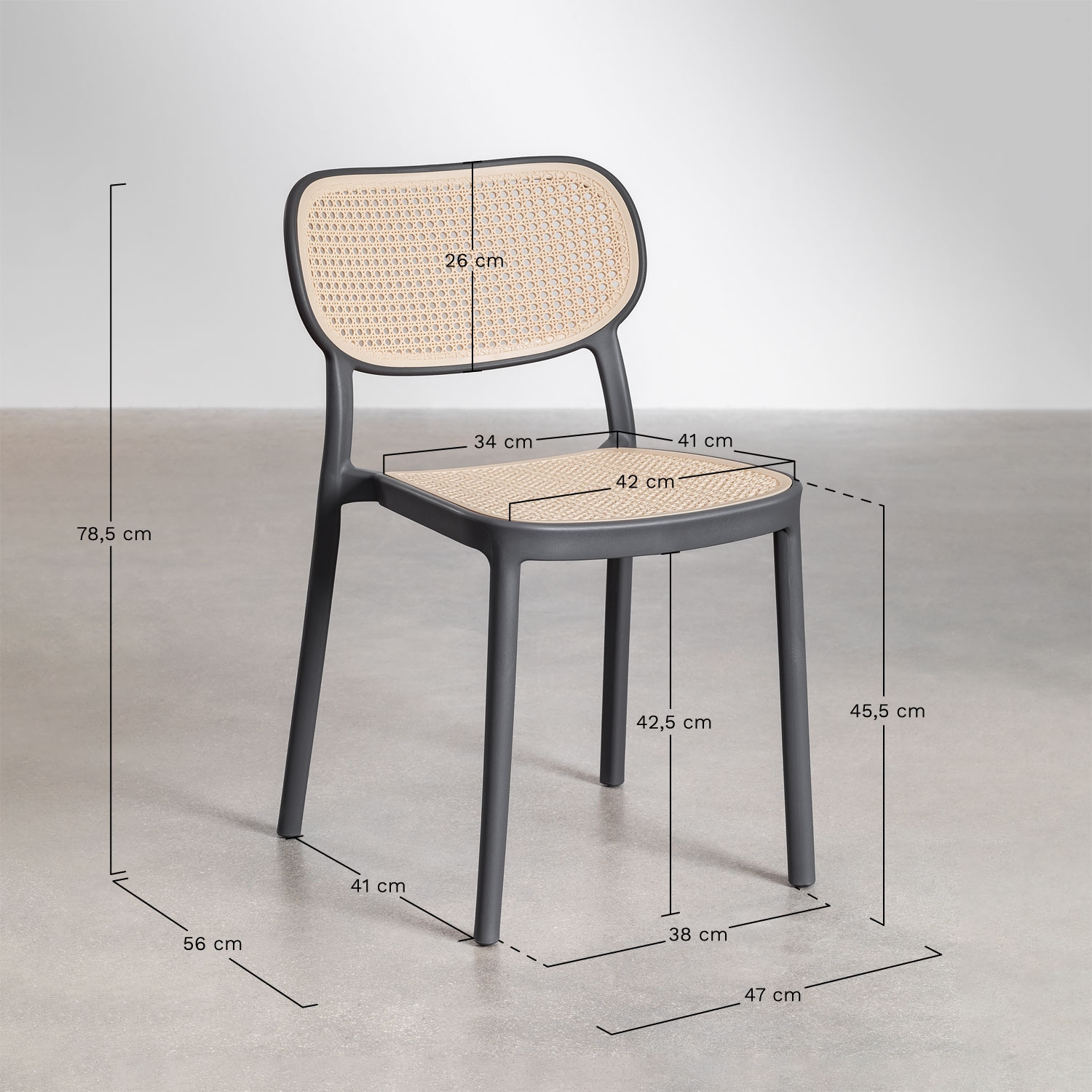 Karena extendable rectangular table set 180-240x90 cm in aluminum and 6 stackable Omara dining chairs in polypropylene, MEASURES