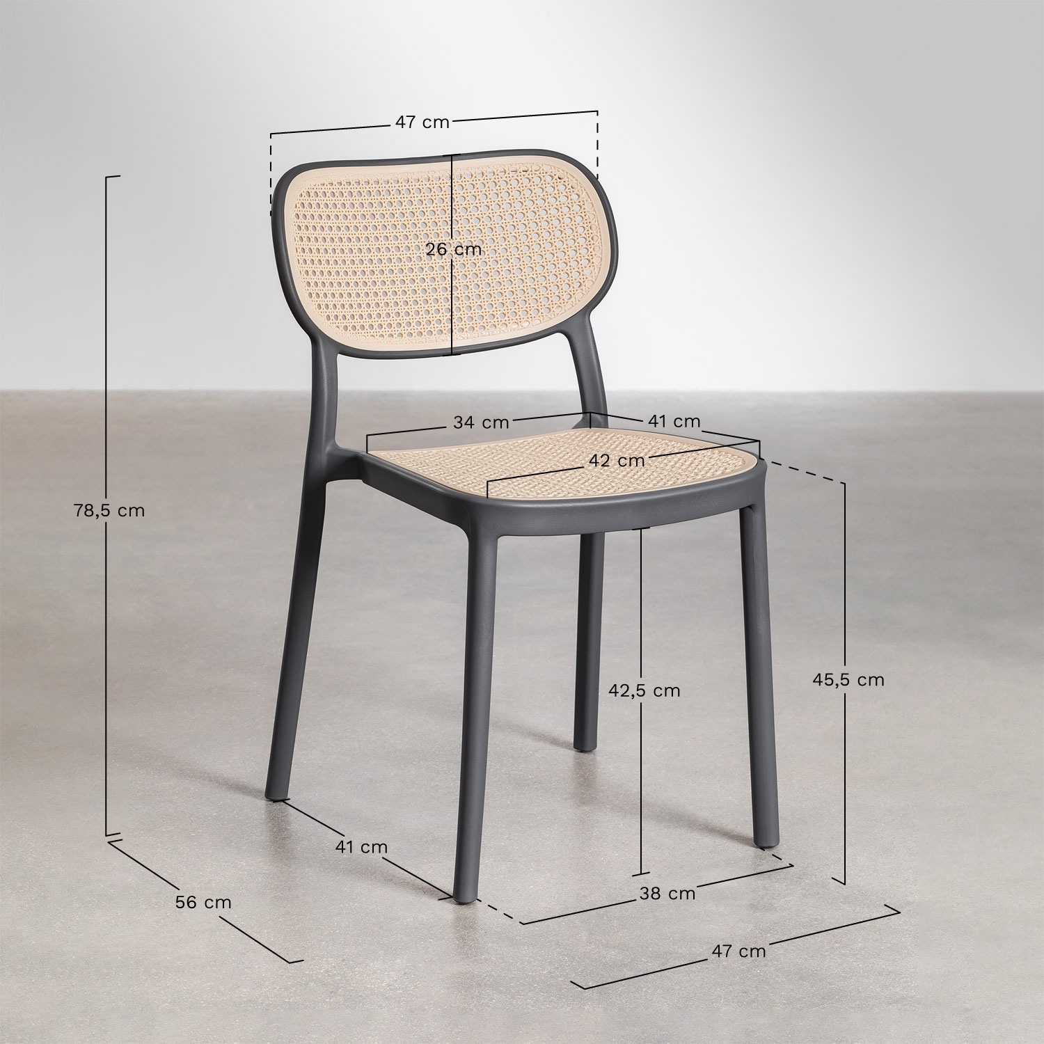 Karena extendable rectangular table set 180-240x90 cm in aluminum and 8 stackable Omara dining chairs in polypropylene, MEASURES