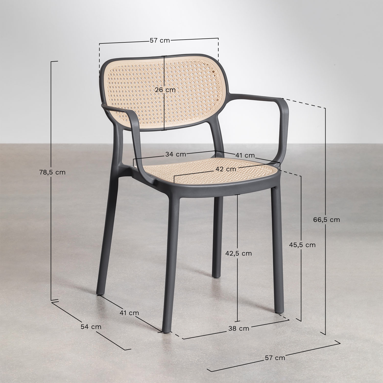Stackable garden chair with polypropylene armrests Omara, MEASURES