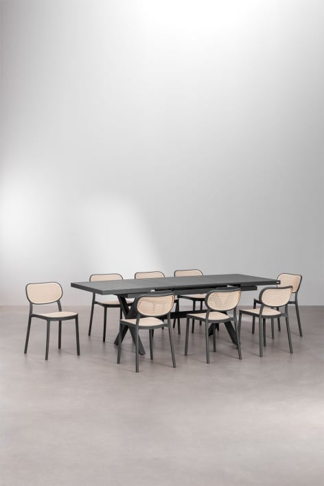 Karena extendable rectangular table set 180-240x90 cm in aluminum and 8 stackable Omara dining chairs in polypropylene