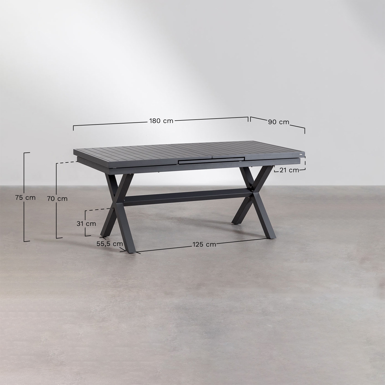 Karena extendable rectangular table set 180-240x90 cm in aluminum and 6 stackable Omara dining chairs in polypropylene, MEASURES
