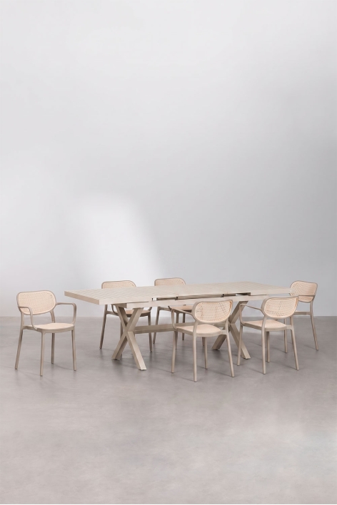 Karena extendable rectangular table set 180-240x90 cm and 6 stackable garden chairs with armrests Omara - Moka Brown