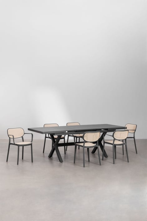 Karena extendable rectangular table set 180-240x90 cm and 6 stackable Omara dining chairs with armrests