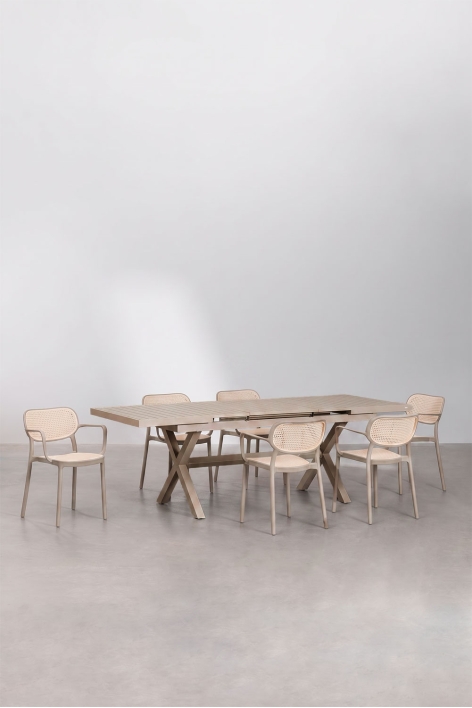 Karena extendable rectangular table set 180-240x90 cm and 6 stackable Omara dining chairs with armrests - Moka Brown