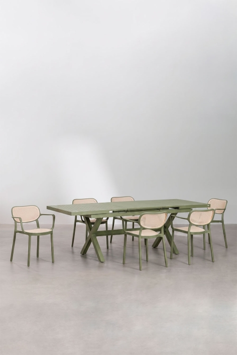 Karena extendable rectangular table set 180-240x90 cm and 6 stackable Omara dining chairs with armrests - Deep Olive Green 