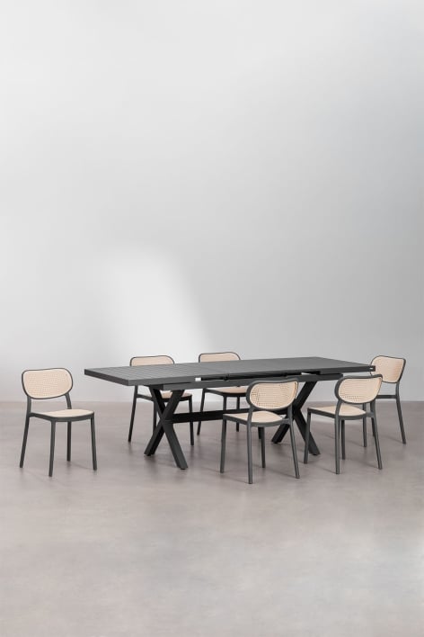 Karena extendable rectangular table set 180-240x90 cm in aluminum and 6 stackable Omara dining chairs in polypropylene