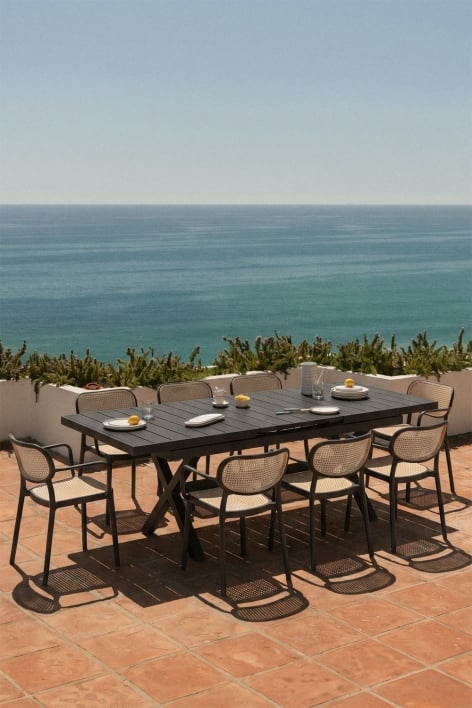 Karena rectangular extendable table set 180-240x90 cm in aluminum and 8 stackable garden chairs with armrests Omara