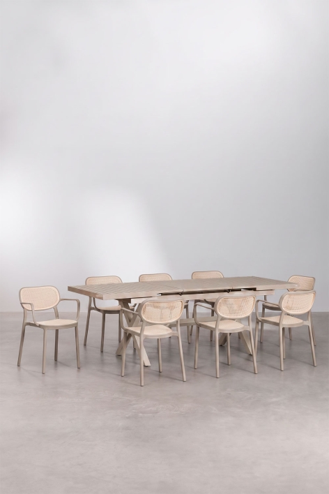 Karena rectangular extendable table set 180-240x90 cm in aluminum and 8 stackable garden chairs with armrests Omara - Moka Brown