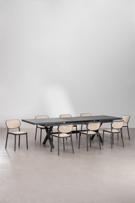 Rectangular table set 240-300x100 cm extendable in aluminum Karena and 8 stackable dining chairs in polypropylene Omara