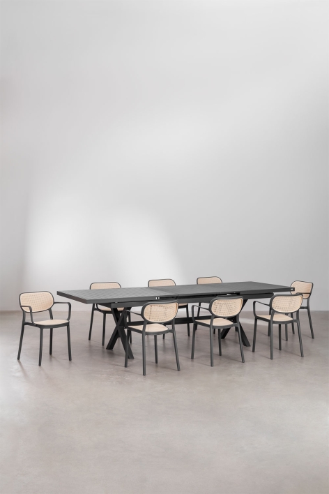 Karena extendable rectangular dining table set 240-300x100 cm and 8 stackable Omara dining chairs with armrests