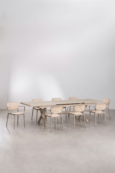 Karena extendable rectangular dining table set 240-300x100 cm and 8 stackable Omara dining chairs with armrests - Moka Brown