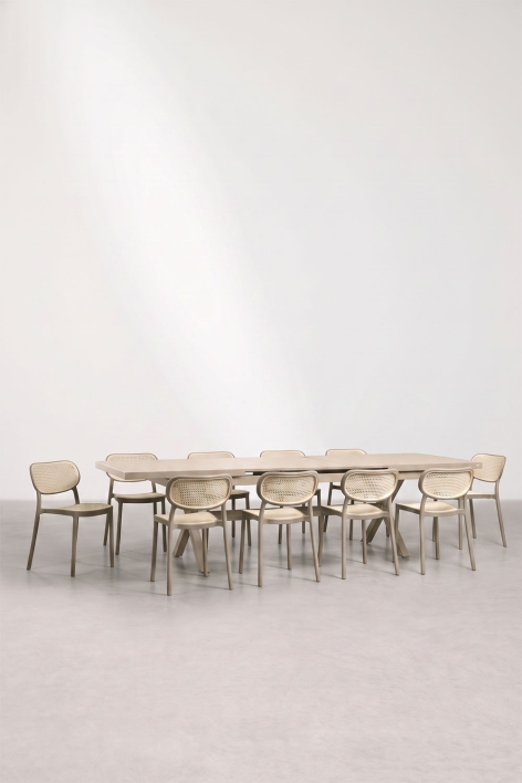 Karena extendable rectangular table set 240-300x100 cm in aluminum and 10 stackable Omara dining chairs in polypropylene - Moka Brown