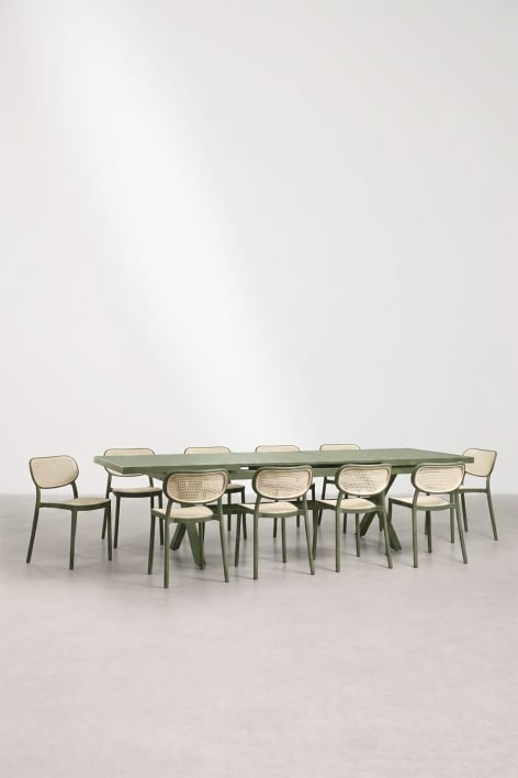 Karena extendable rectangular table set 240-300x100 cm in aluminum and 10 stackable Omara dining chairs in polypropylene - Deep Olive Green 