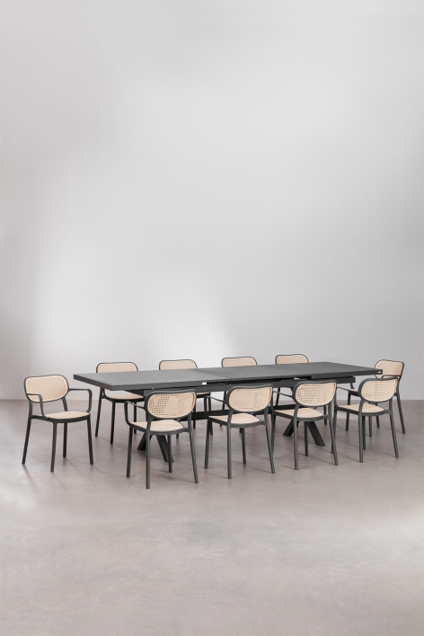 Karena extendable rectangular dining table 240-300x100 cm and 10 stackable Omara dining chairs with armrests