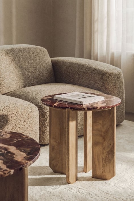 Lavinia round coffee table in natural stone and mango wood