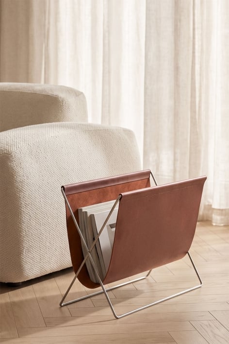Dravena inclined floor magazine rack in leather and stainless steel