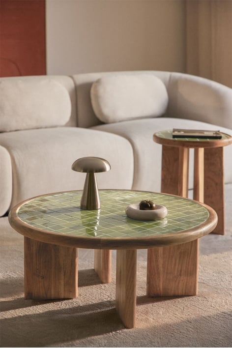 Round coffee table Ø80 cm in tiles and acacia wood Aitana