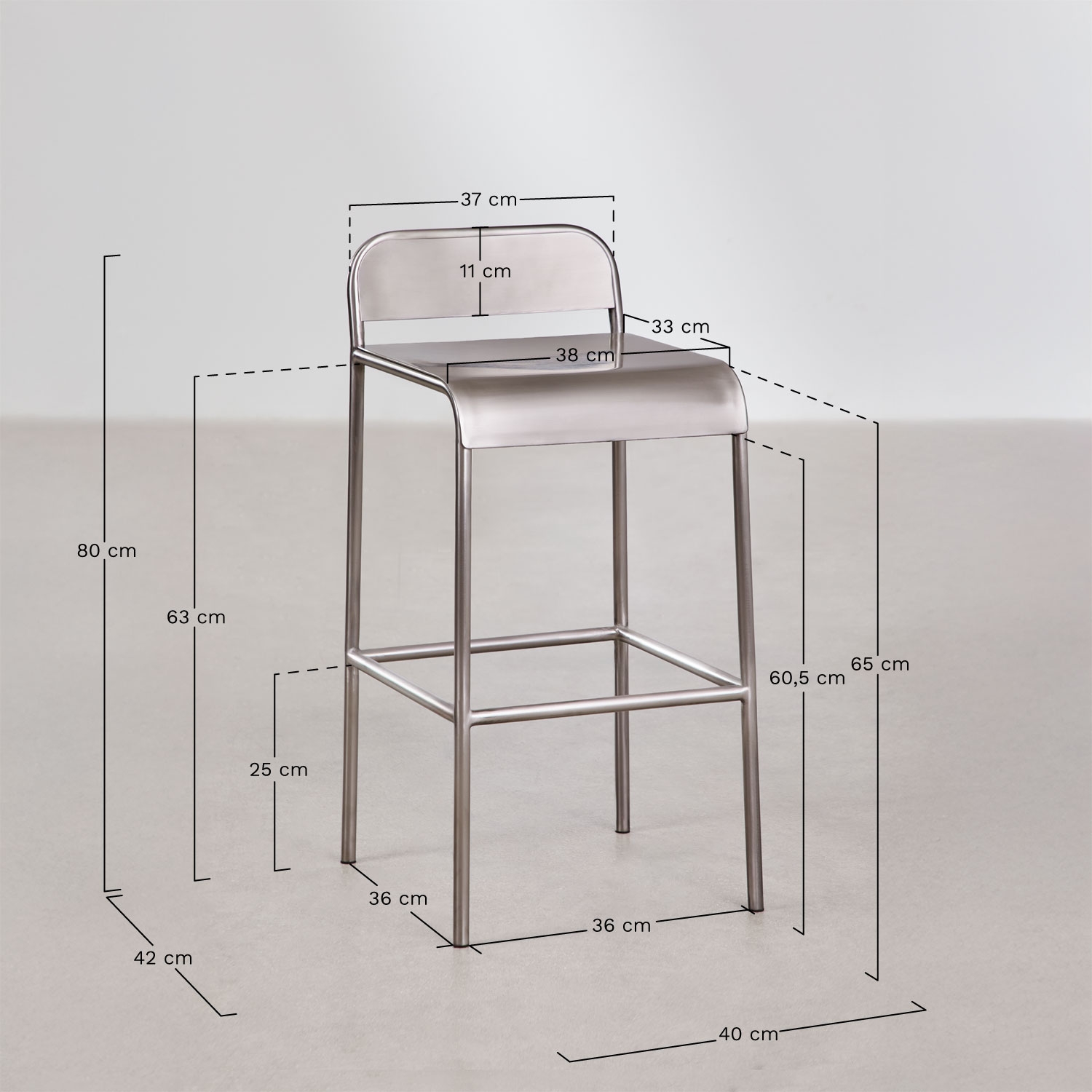 Narnial stainless steel bar stool, MEASURES