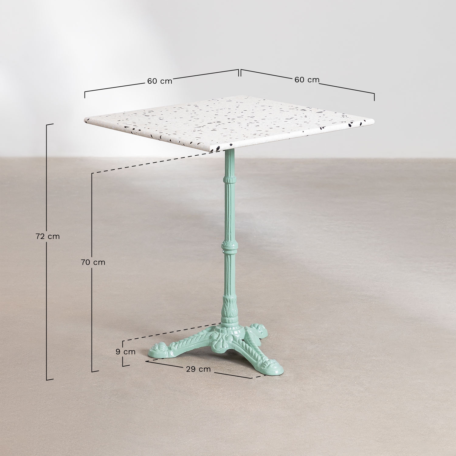 Square 60x60 cm bar table in terrazzo Azteca, MEASURES