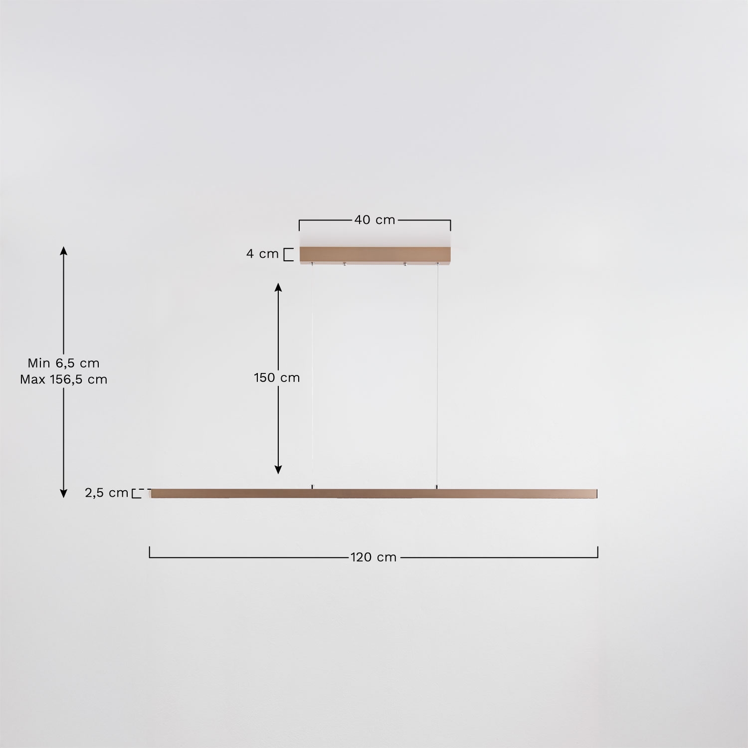 LED linear pendant ceiling lamp 120 cm with indirect light in aluminum Danile, MEASURES