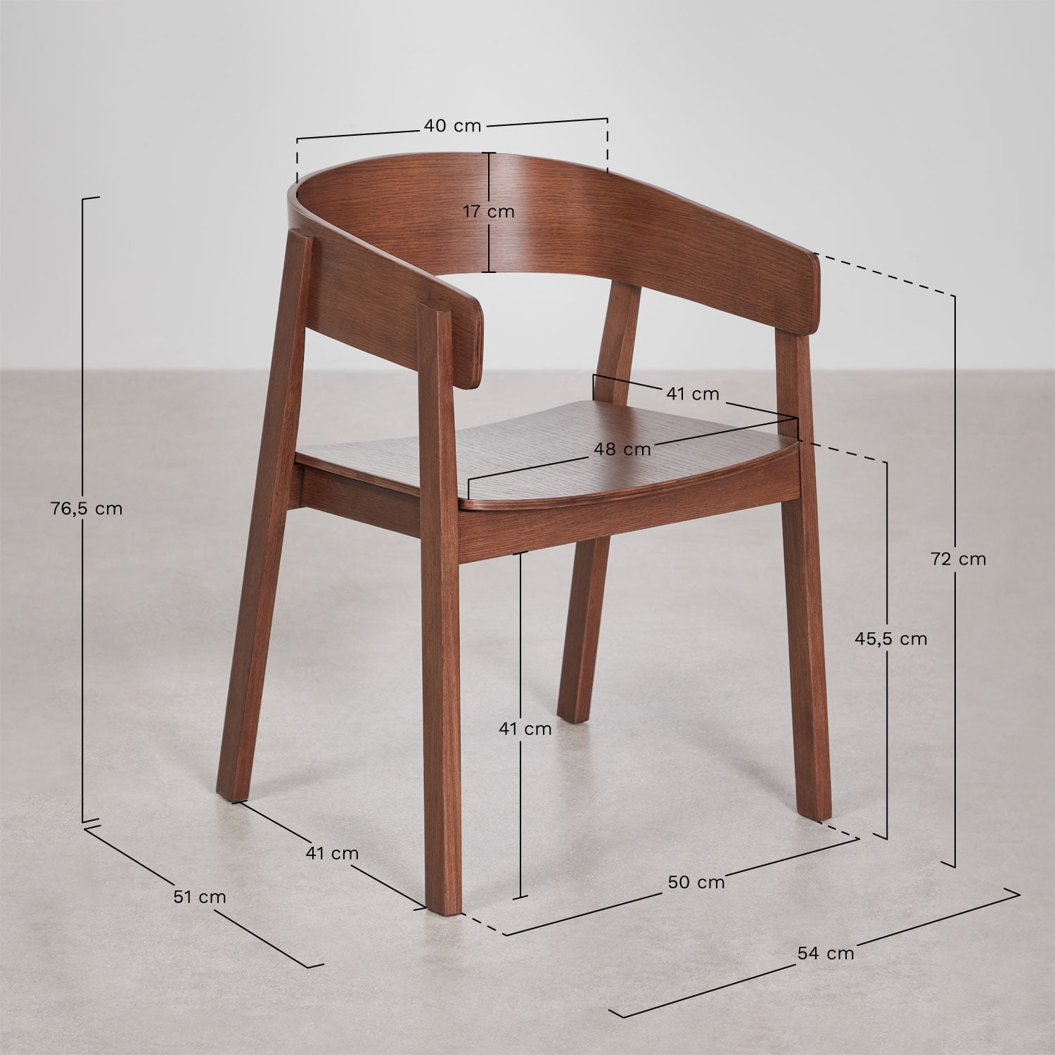 Olsen oak wood dining chair with armrests, MEASURES