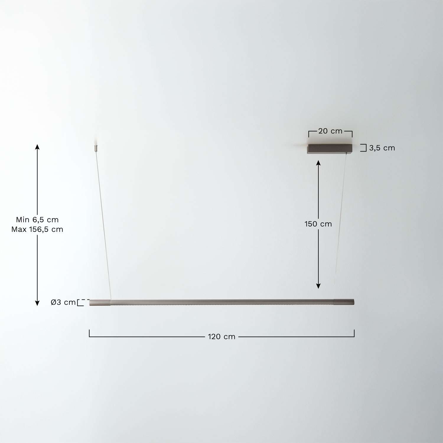 Lirela 120 cm linear LED pendant ceiling lamp with indirect light in aluminum, MEASURES