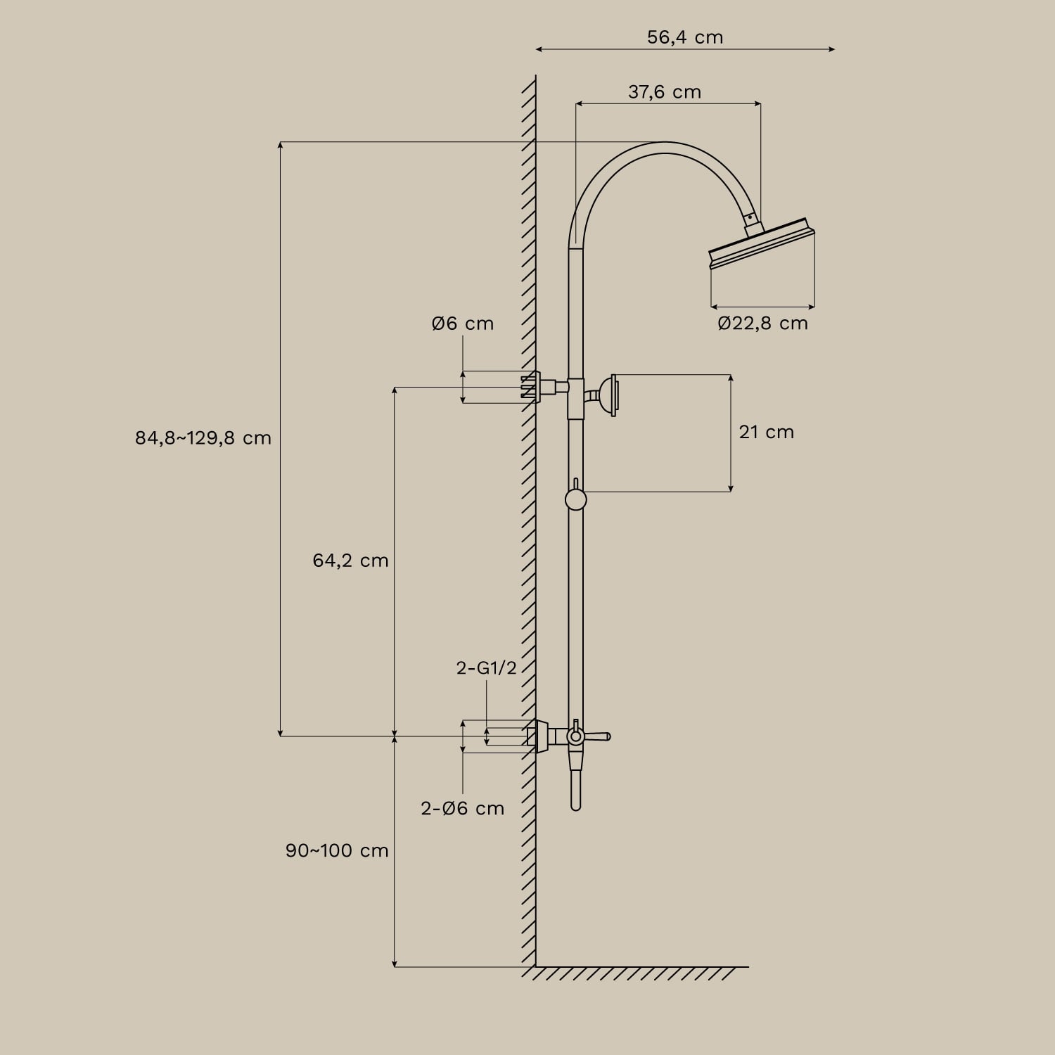 Alejandra brass shower column, MEASURES