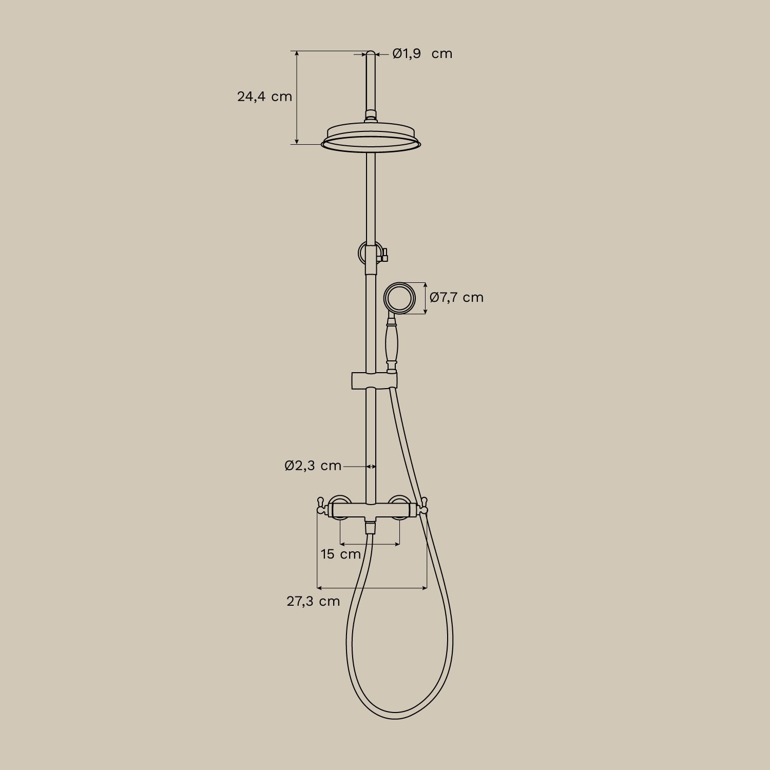 Alejandra brass shower column, MEASURES