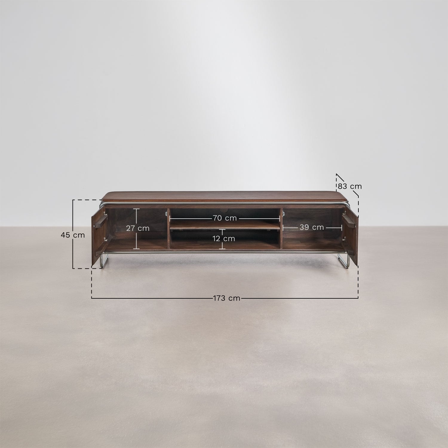 Acacia wood and stainless steel TV cabinet Altrex, MEASURES