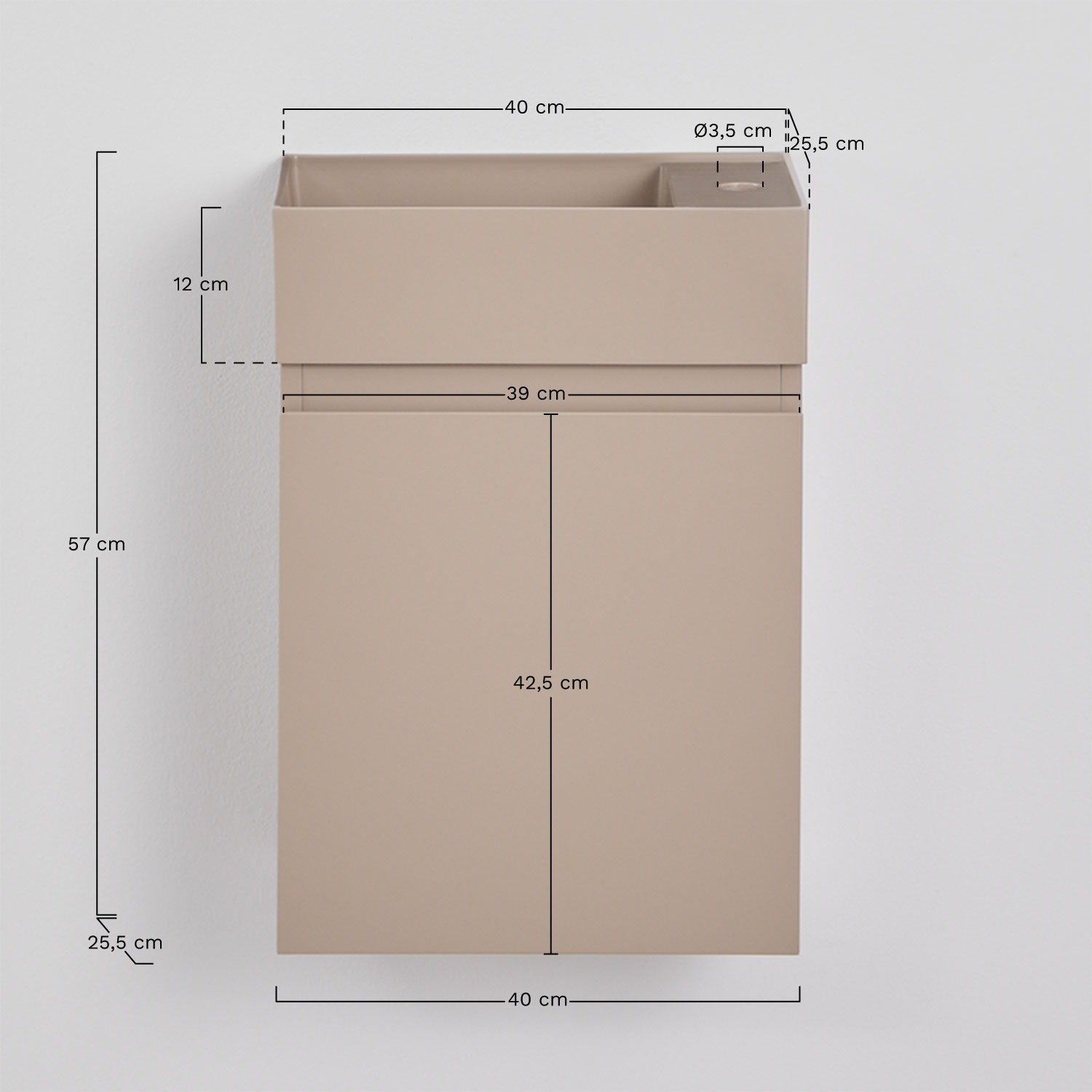 Suspended bathroom furniture set 40x25 cm in wood with integrated sink Abigail, MEASURES