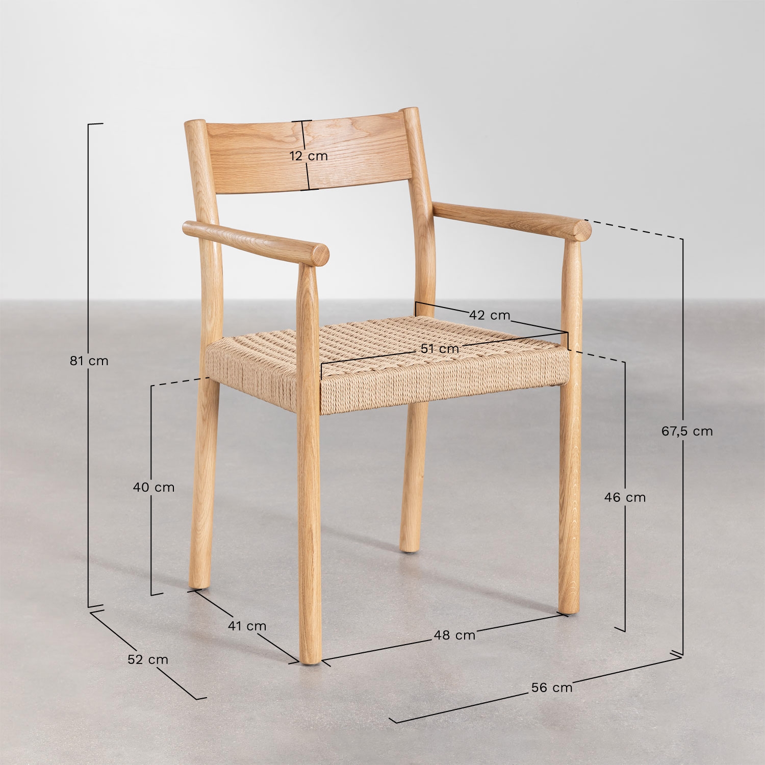 Extendable dining table set 220-320x95 cm Treveris and 12 dining chairs in oak wood and braided rope Mara, MEASURES