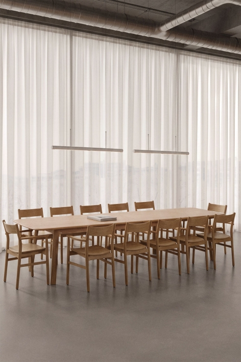 Extendable dining table set (220-320x95 cm) Treveris and 12 oak wood dining chairs Mireita