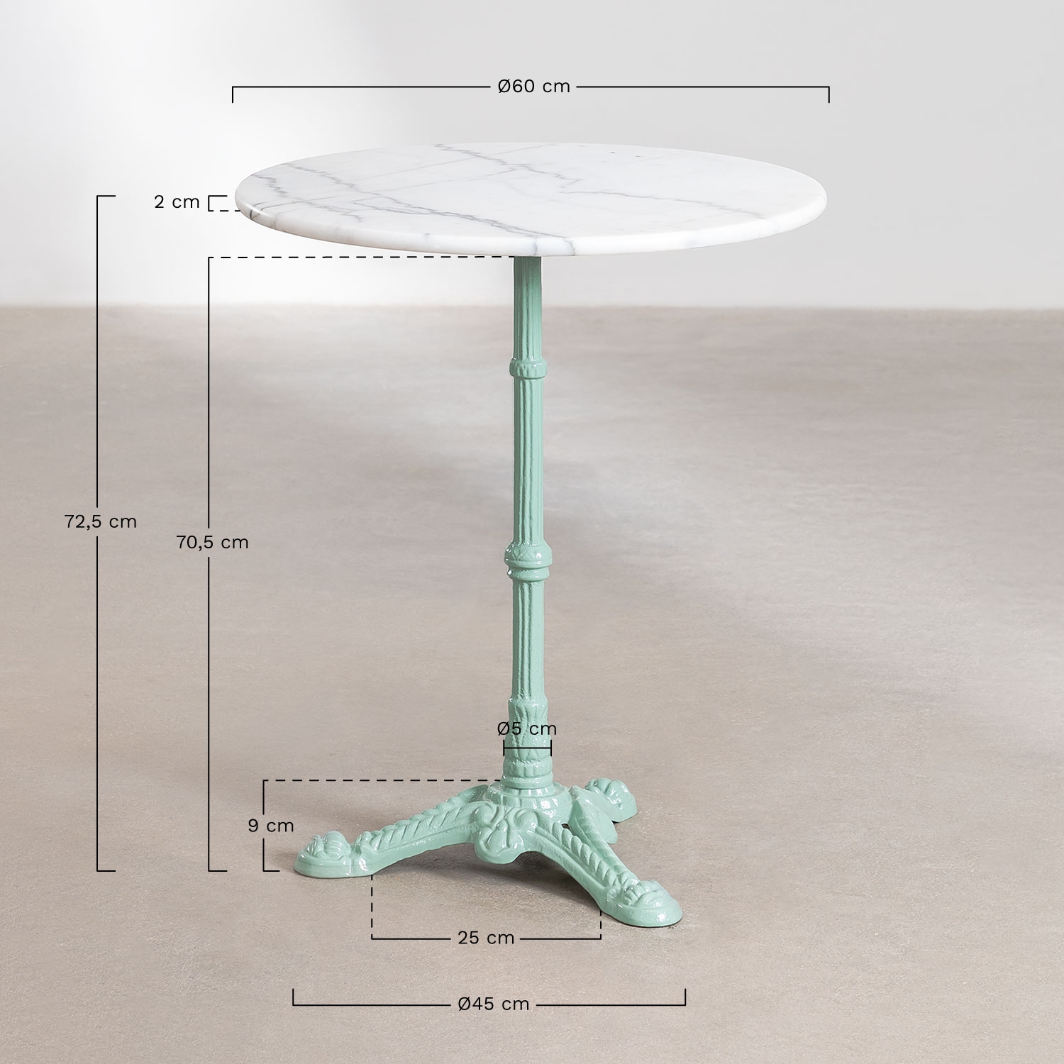 Round bar table Ø60cm in Azteca natural stone, MEASURES