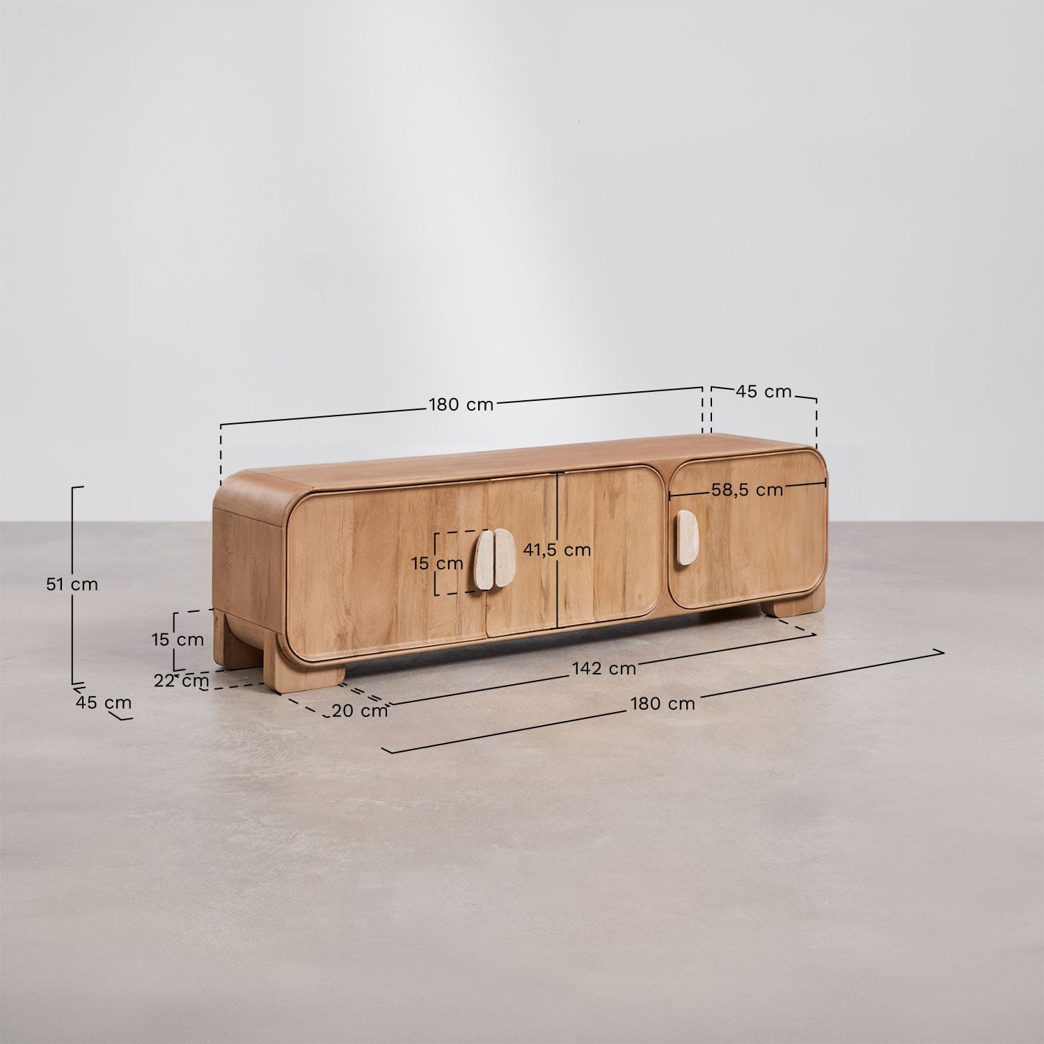 Kivalina TV cabinet in mango wood and natural stone, MEASURES