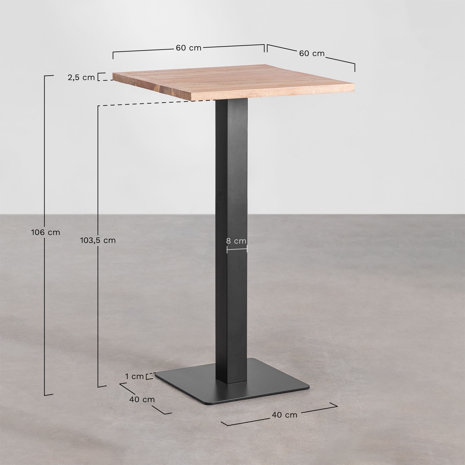 High square bar table in acacia wood Ristretto, MEASURES