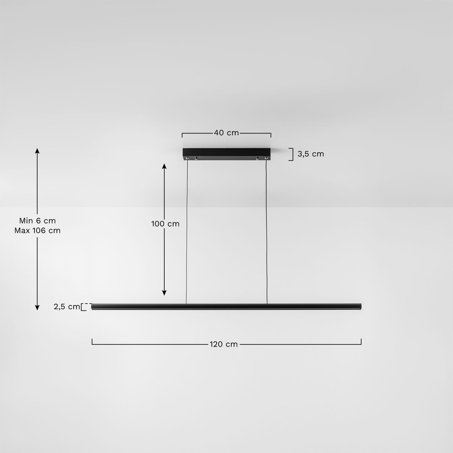 Wilen 120 cm linear LED pendant ceiling lamp in aluminum, MEASURES
