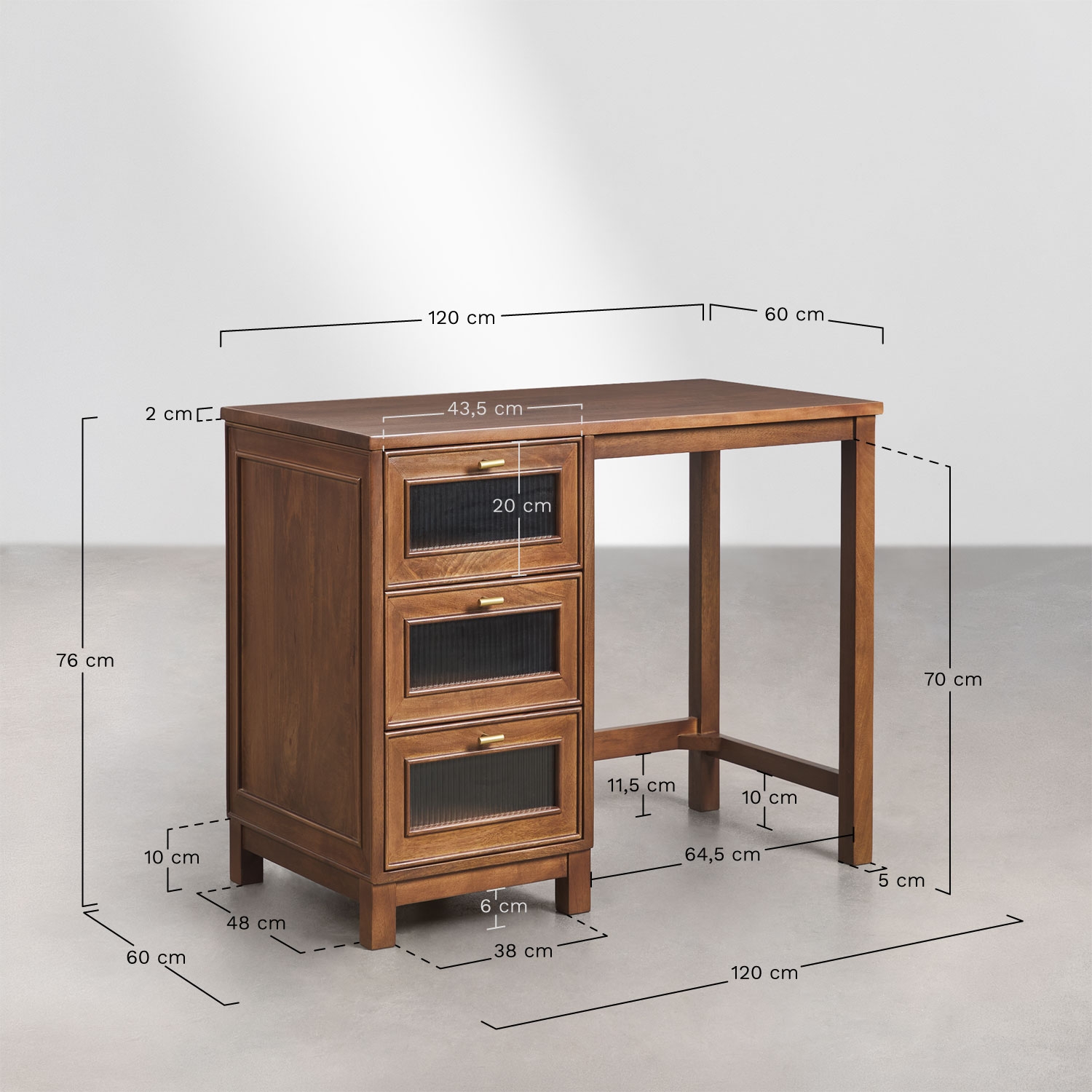 Ildara 120x60 cm desk in mango wood and glass, MEASURES