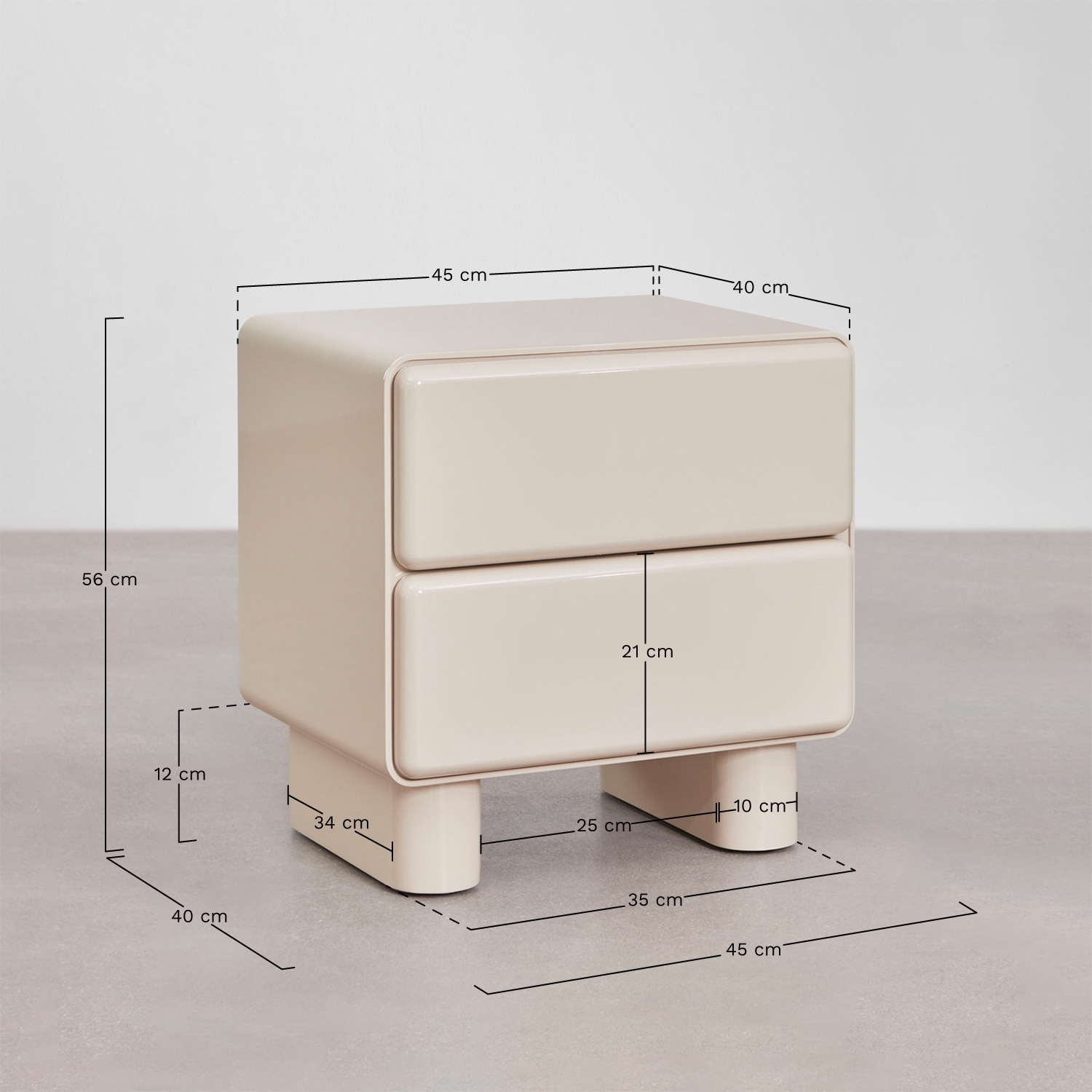Sheila nightstand with two drawers in MDF, MEASURES