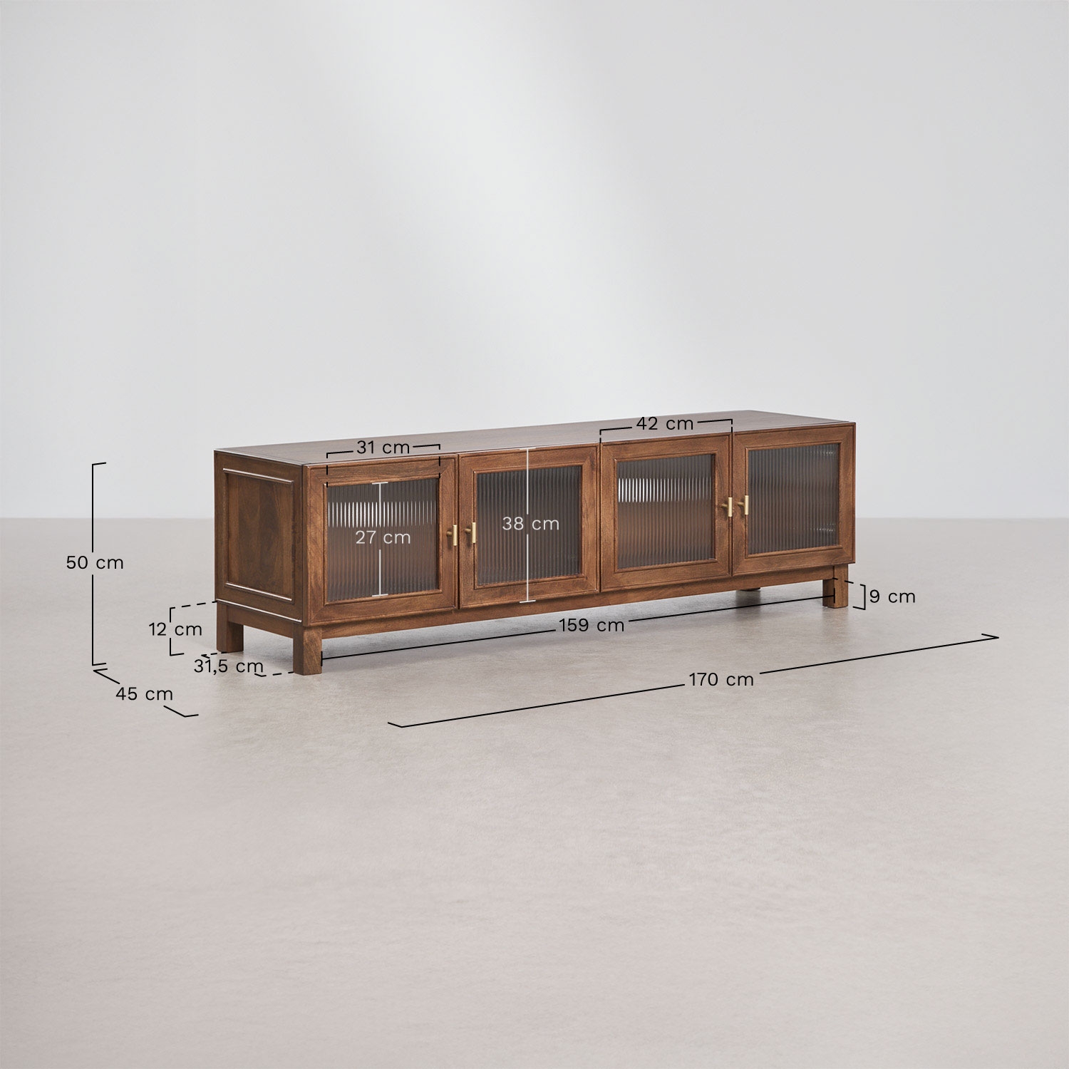Ildara 170x45 cm TV cabinet in mango wood and glass, MEASURES