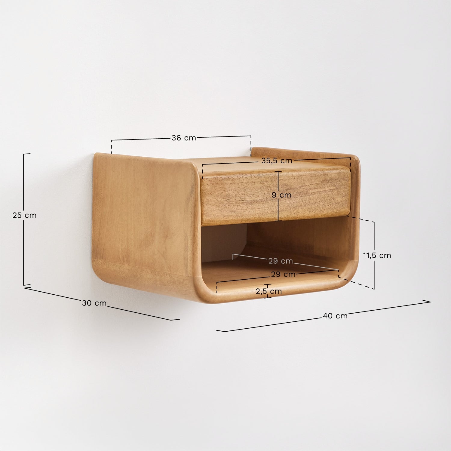 Tinsley 40x30 cm floating nightstand in wood, MEASURES