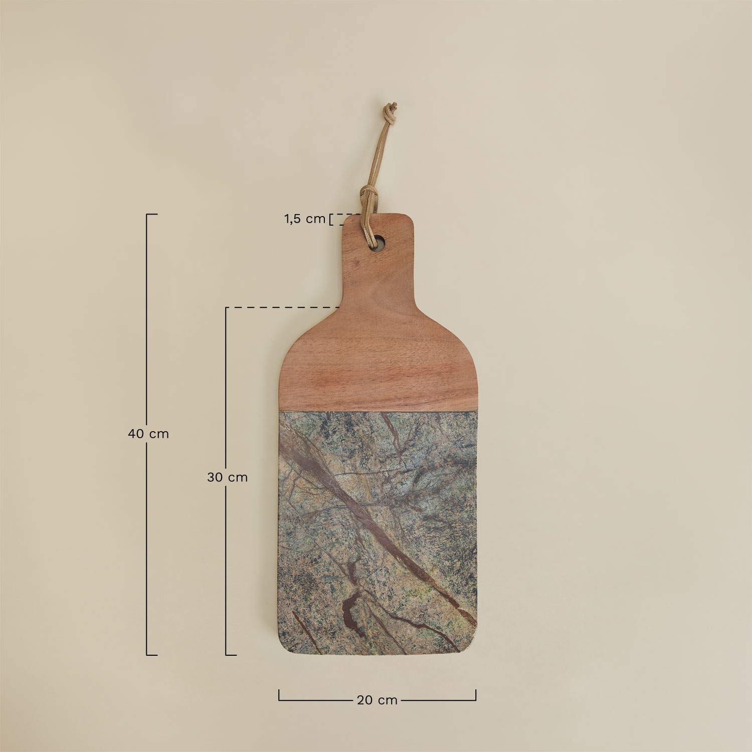 Serving board 40x20 cm in acacia wood and marble Zevaru, MEASURES