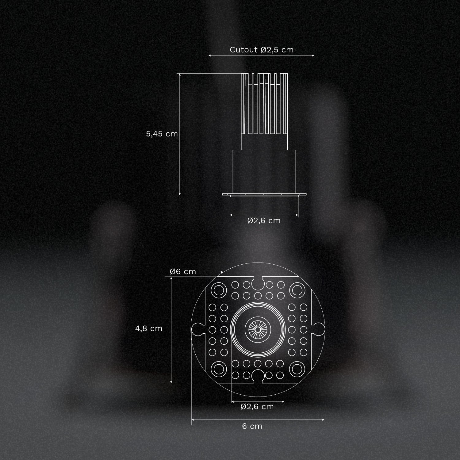 Downlight LED trimless Ø2.6 cm in aluminum with progressive on and off Luisiana, MEASURES