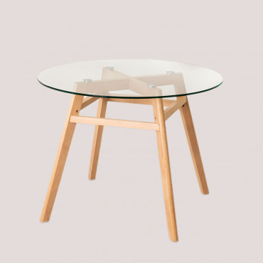 Round Dining Table In Glass And Beech Wood Scand Nordic Ø100 Cm - Sklum